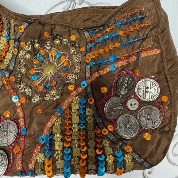 SAND N SUN purse bag boho beaded sequins brown blue orange buttons hippie strap - Picture 3 of 10